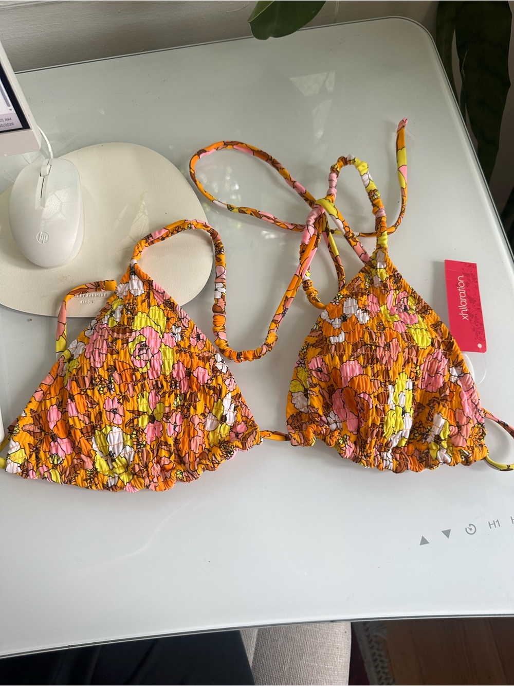 Xhilaration Floral Smocked Triangle Bikini Top - Orange, Pink, Yellow, White